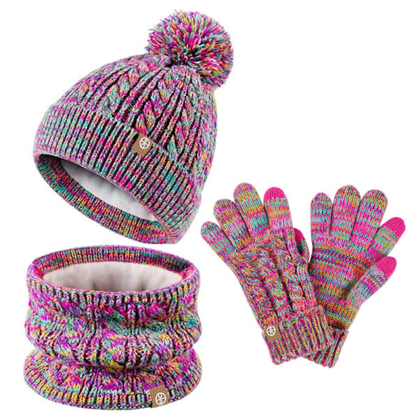 kid päls boll hatt scarf handskar 3 piece set vinter plysch varm sticka rainbow a set