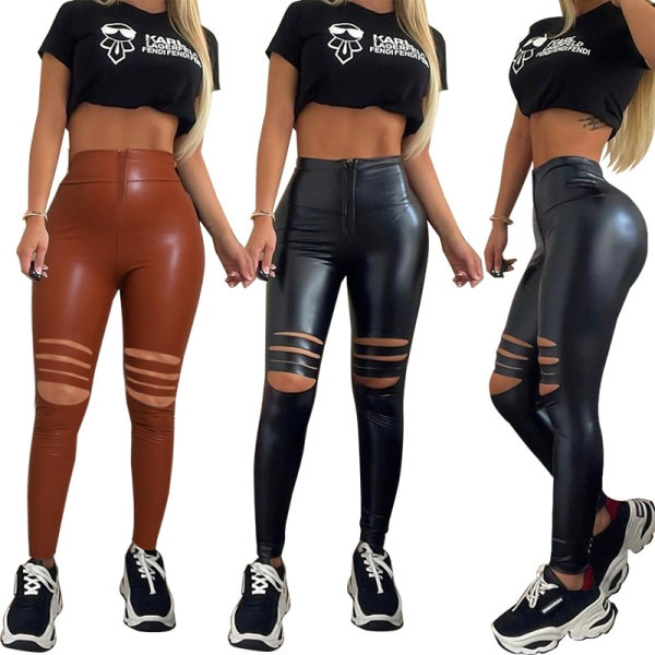 Höstens sexiga perforerade läderbyxor Tights och Leggings brown L