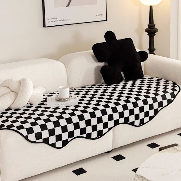 Soffkudde vardagsrumsdyna chenille halkskyddad sittdyna Chessboard grid 90*240