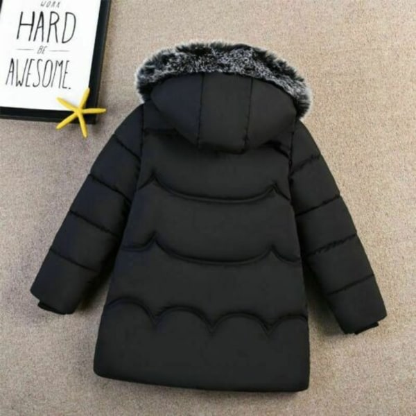 Flickor Vinter Varm Hooded Coat Vadderad Tjock Parka Cotton Jacka Black 120cm