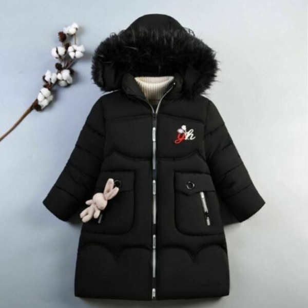 Flickor Vinter Varm Hooded Coat Vadderad Tjock Parka Cotton Jacka Black 120cm