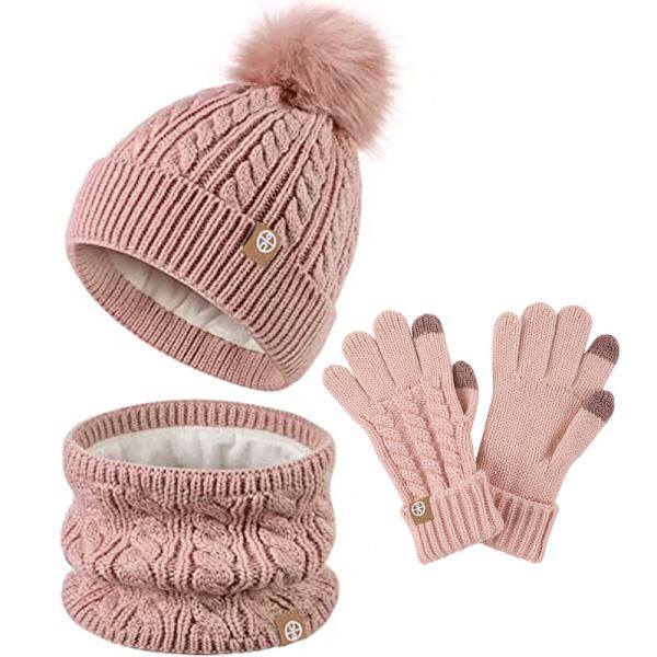 kid päls boll hatt scarf handskar 3 piece set vinter plysch varm sticka Pink a set