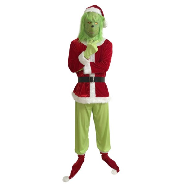 Julgrinchhuvudbonad Jultjuv Grön pälsgrinchmask Green Hair Monster Clothes M#a set of+Mask