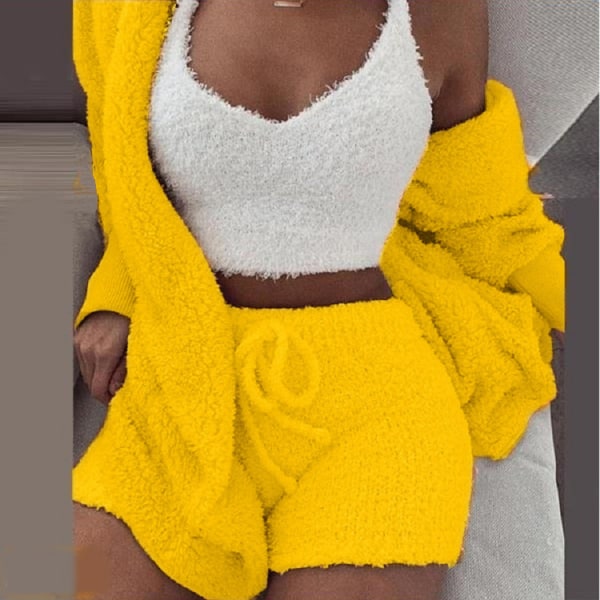 Vinterplysch hemkläder casual tredelad pyjamas långärmad yellow S