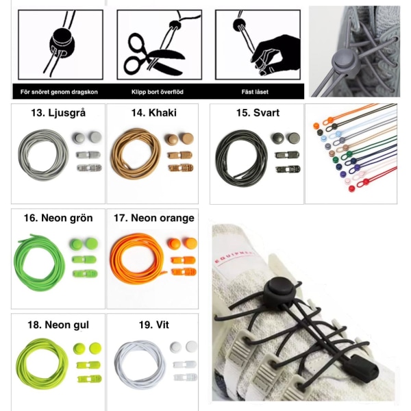 Elastiske skolisser med snøring - Ikke knyt skoene dine - Ensfarget 15. Svart (1 par)