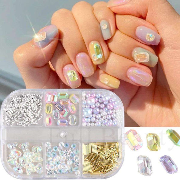 6 rhinestones i forskjellige størrelser i en boks - Negledekorasjoner Multicolor