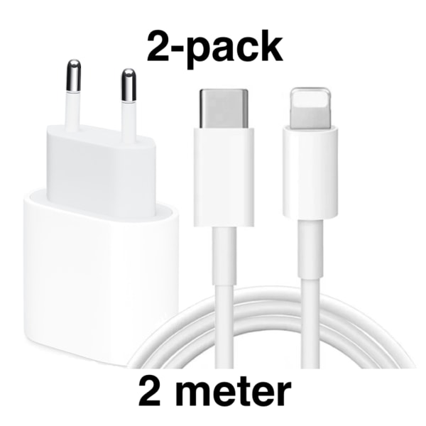 2 iPhone Lader Hurtiglader - Adapter + Kabel 20W USB-C 2m White