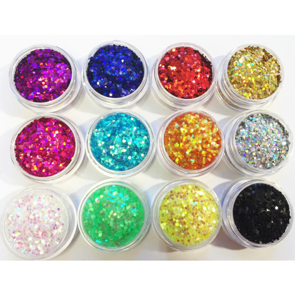 12 bokser med hexagon glitter Multicolor