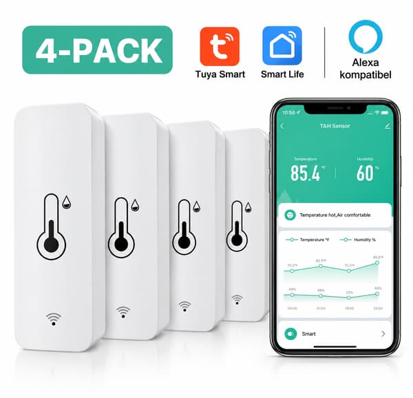 Trådlös WiFi Termometer & Hygrometer 4-pack – Temperatur- och Luftfuktighetsmätare med App Black