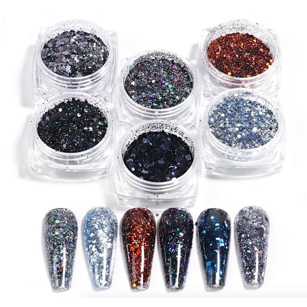 6 stk negle glitter glitter, Negle dekorationer Multicolor