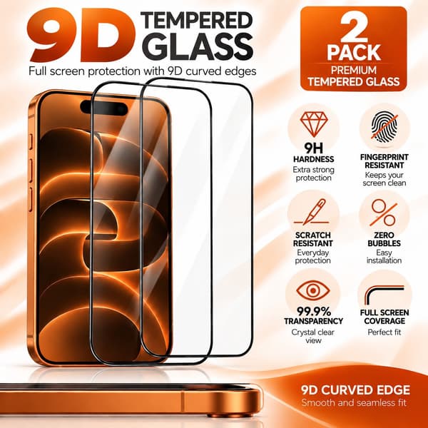 9D Härdat Skärmskydd i Glas för iPhone 17 Pro – 2-pack Transparent