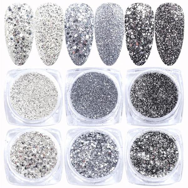 6 stk negle glitter glitter, Negle dekorationer Multicolor