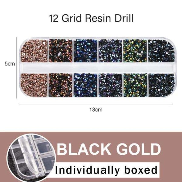 12 Rhinestone i forskjellige størrelser i boks - Negledekorasjoner Multicolor
