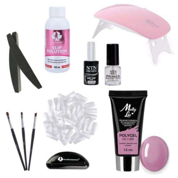 Polygel nagelkit 15g Bean Paste med LED-lampa, dual forms 24 st Rosa