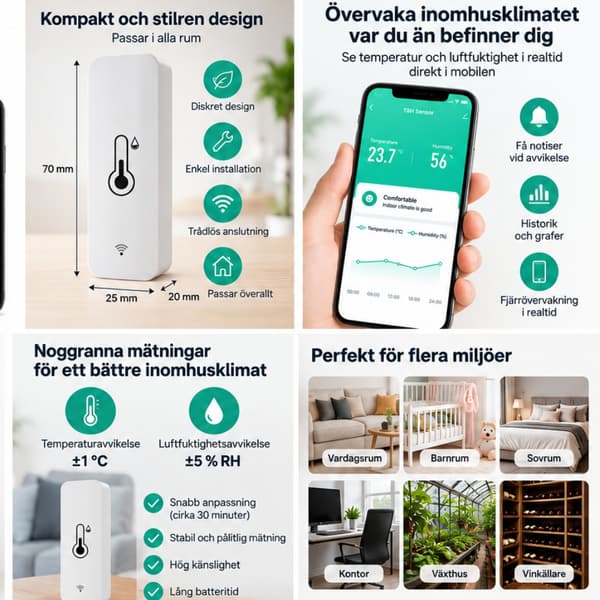 Trådlös WiFi Termometer & Hygrometer 4-pack – Temperatur- och Luftfuktighetsmätare med App Svart