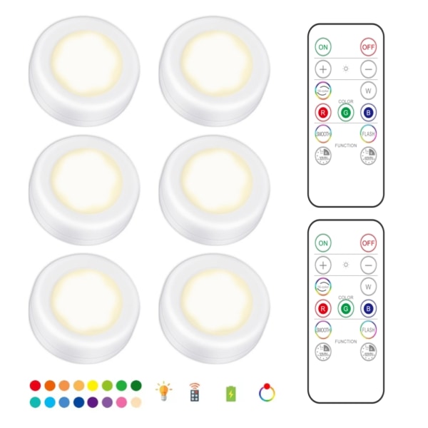 6 LED-spotlights 2 fjernkontroller RGB Design - Flerfarget White