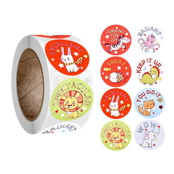 Djurstickers på rulle 500-pack 2,5 cm diameter multifärg