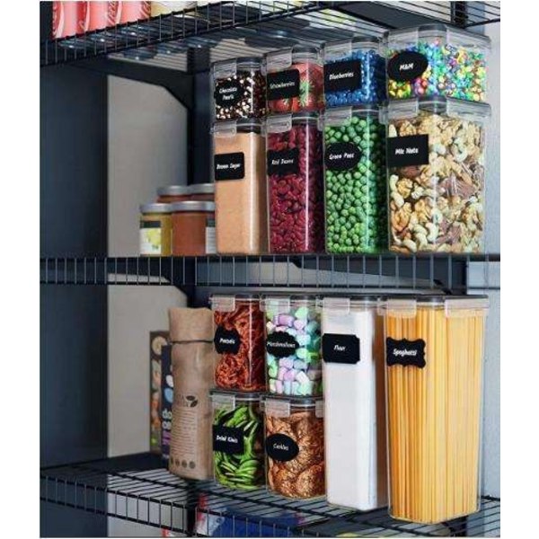 Oppbevaringsbeholdere for organisert pantry - 14-pakning med lufttette lokketiketter Transparent