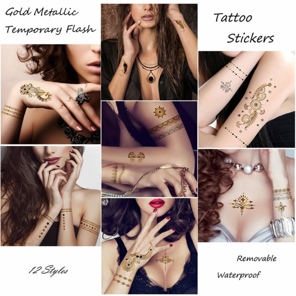10 kpl Metallic Tattoo kulta / hopea, metallinen flash tatuointi