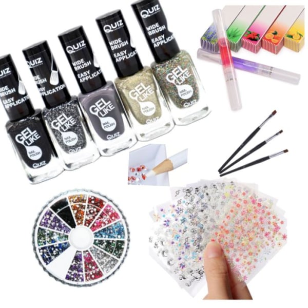 Neglesett - Dekorasjonssett - Neglelakk, Rhinestone, Negleklistremerker Multicolor
