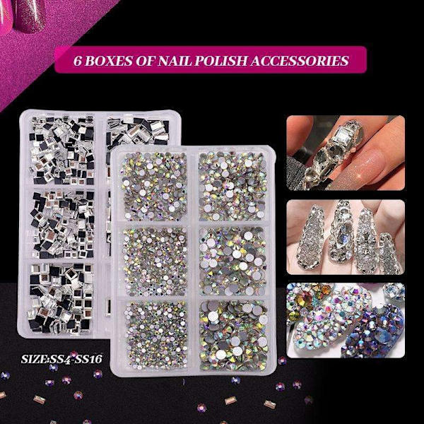 6 stk Rhinestone - Forskellige størrelser - Zirkon - Negledekorationer Silver