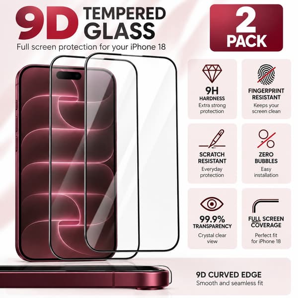 9D Härdat Skärmskydd i Glas för iPhone 18 Pro – 2-pack Transparent