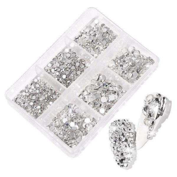 6 kpl tekojalokivi eri kokoisina - Zirkoni - Kynsikoristeet Silver glass