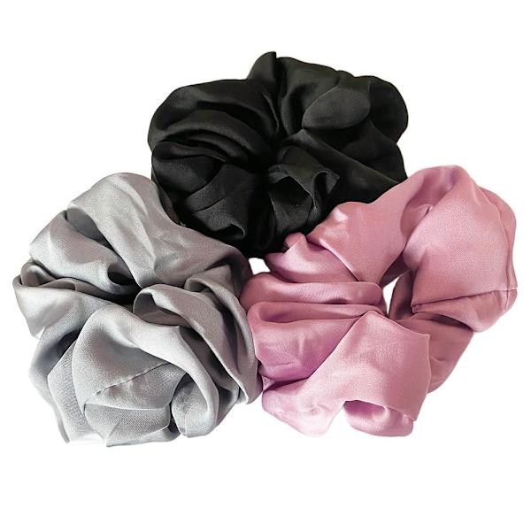 Silkeshårsnoddar 3-pack mjuka elastiska, svart/gammelrosa/grå