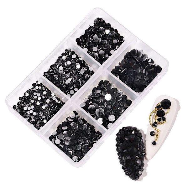 6 stk Rhinestone i forskjellige størrelser - Zirkon - Negledekorasjoner Black