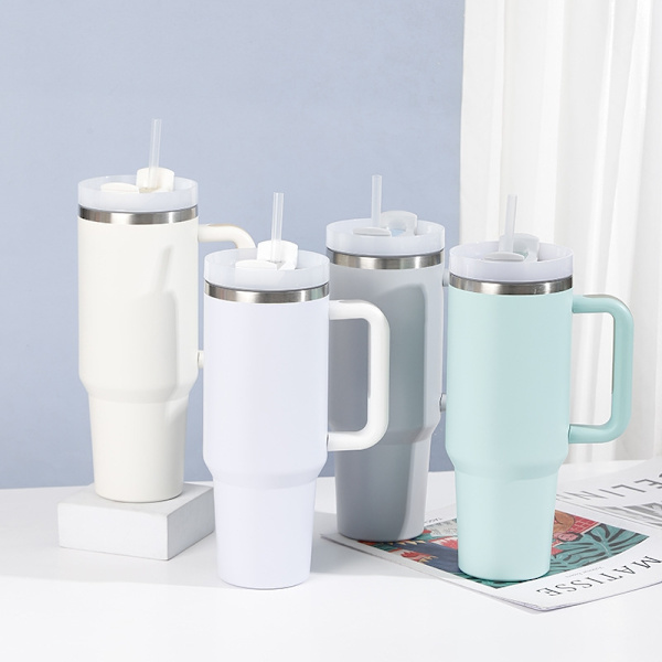 Glasskopp med sugerør, lokk og håndtak - Termos Light grey