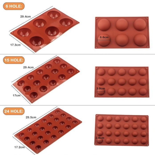 3-pack silikonform - Kule/halvkule 6/15/24 - Is/sjokolade/geléform Brown
