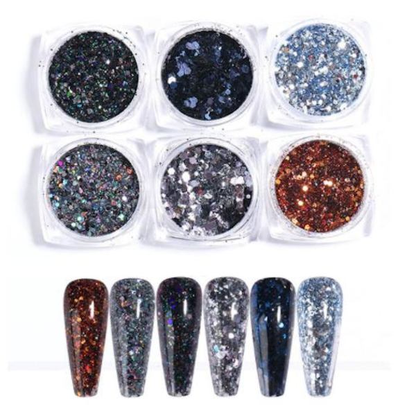 6 stk negle glitter glitter, Negle dekorationer Multicolor