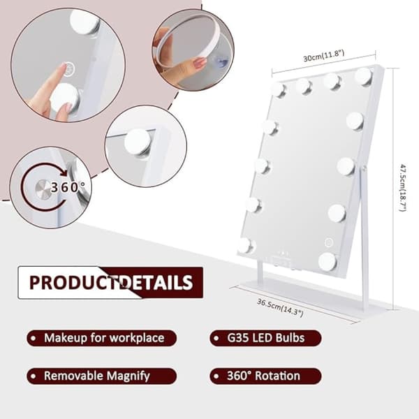 Sminkspegel Hollywood med 12 dimbara LED, Qi-laddning & Bluetooth vit Vit