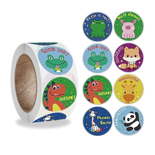 Djurstickers på rulle 500-pack 2,5 cm diameter multifärg