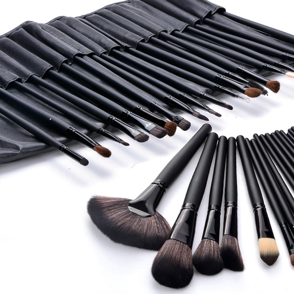 24-pak Make-up børster / Make-up børster i læder etuier Black