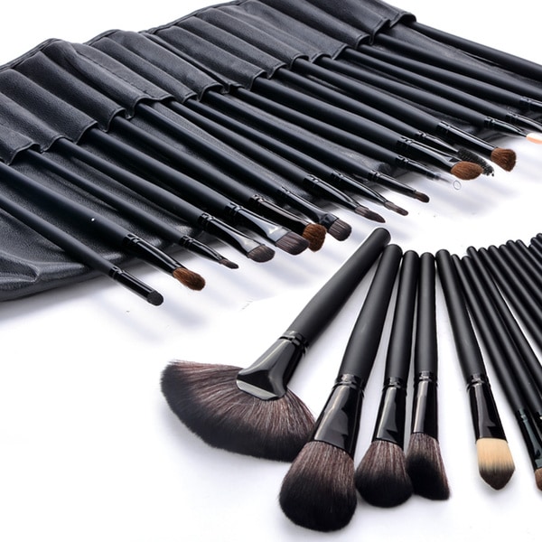 Professionelt makeup børstesæt: 24 børster i læderetui Black
