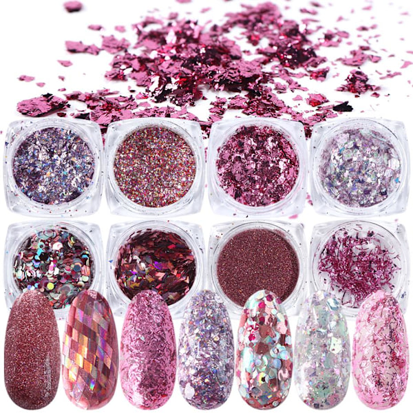 8 kpl kynsi glitter glitteriä, kynsikoristeita Pink