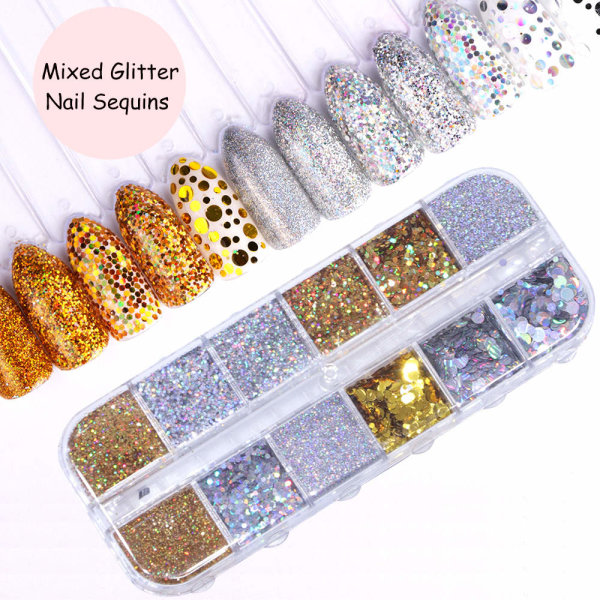 12 kynsi glitter glitteriä laatikossa, kynsikoristeet Multicolor