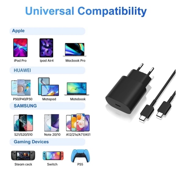 2st Samsung Laddare Snabbladdare - Adapter + Kabel 25W USB-C 2m Svart