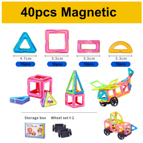 40-pack Magnetiska Byggklossar - Magnetic Tiles - Bygg Magneter multifärg