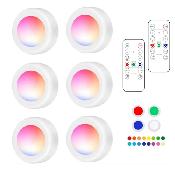 6 LED-spotlights 2 fjernkontroller RGB Design - Flerfarget White