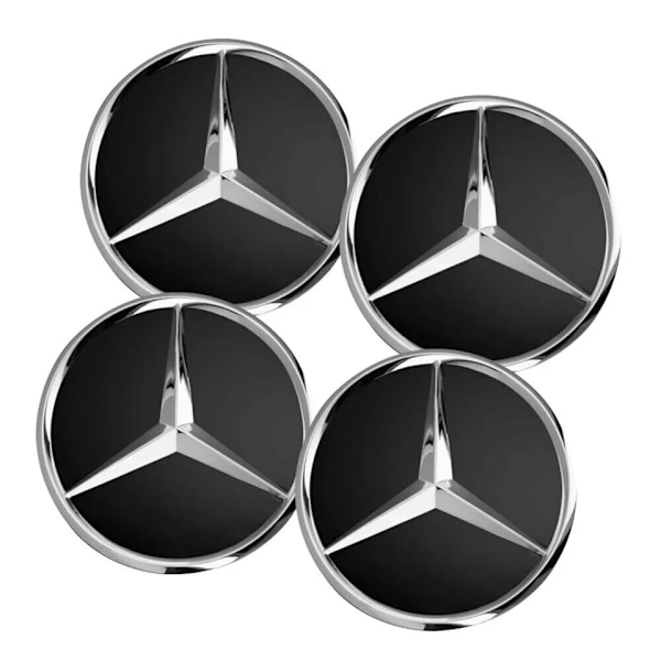 4-Pack Mercedes-Benz Centrumkåpor – Hjulnav Emblem 75mm Black Svart - 75mm