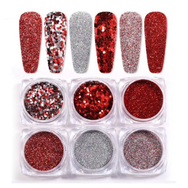 6 stk negle glitter glitter, Negle dekorationer Multicolor