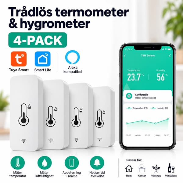 Trådlös WiFi Termometer & Hygrometer 4-pack – Temperatur- och Luftfuktighetsmätare med App Black