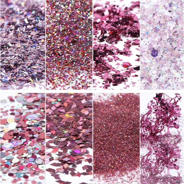 8 stk negleglitter glitter, Negledekorasjoner Pink
