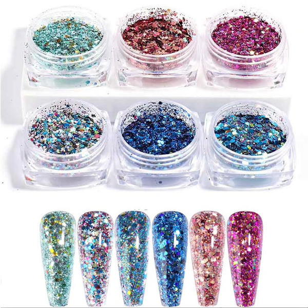 6 kpl kynsi glitter glitteriä, kynsikoristeita Multicolor