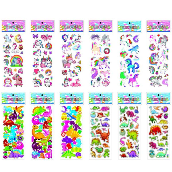 12 ark klistermærker, dyremotiv Enhjørning / Dinosaurer Multicolor