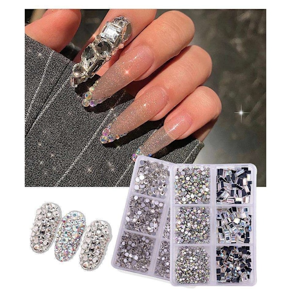 6 stk Rhinestone - Forskellige størrelser - Zirkon - Negledekorationer Silver