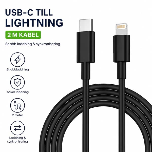 USB-C til Lightning-kabel 2 m Svart – kompatibel med Apple iPhone og iPad