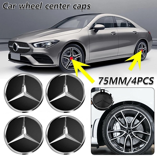 4-Pack Mercedes-Benz Centrumkåpor – Hjulnav Emblem 75mm Silver Silver - 75mm